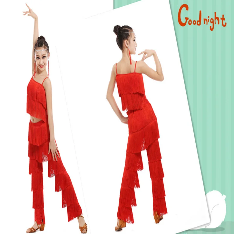 Dance Dress Latin Dance Dress For Kids Girls Adult Ballroom Tassel Fringe Tops Pants Salsa Samba Costume Children Dance Competition Costume