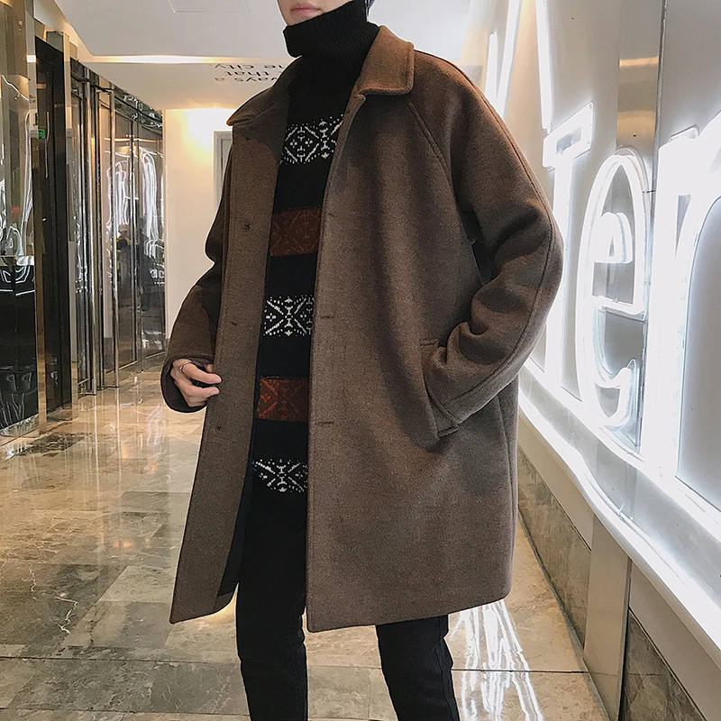 Мужская шерстяная ветровка осень и зима новая шерстяная Длинная ветровка однотонное пальто куртка Молодежная трендовая мужская одежда
