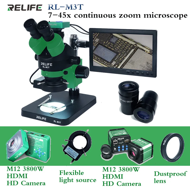 

ReLife RL-M3T HD binocular microscope ,HDMI 7-45 x zoom,mobile phone repair PCB welding,trinocular microscope with 4k screen