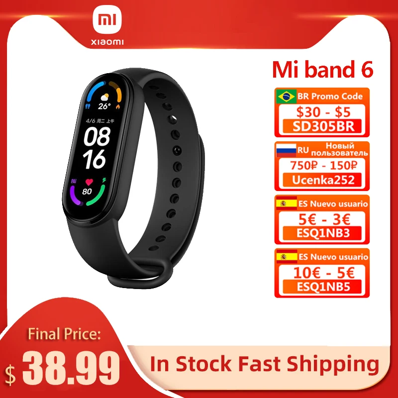Смарт-браслет Xiaomi Mi Band 6 фитнес трекер с AMOLED экраном 5 цветов функцией измерения