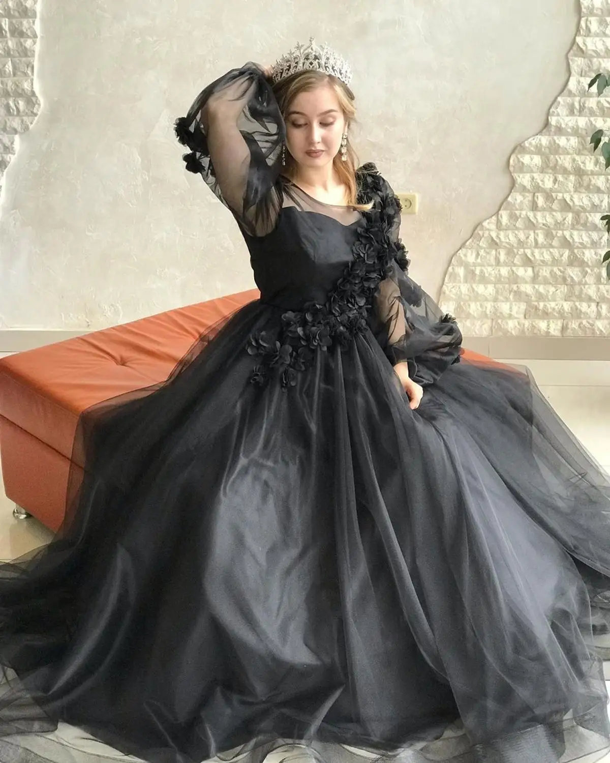 

Elegant Black Long Sleeve Formal Evening Dress 3D Flowers Tulle Women Prom Vestidos Dresses Special Event Party Gala Gowns