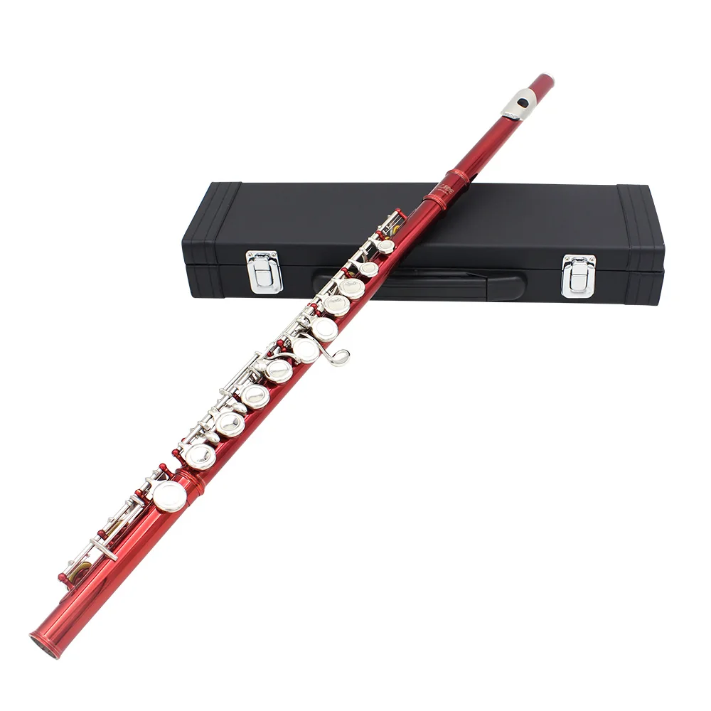 

16 Holes C Key Western Concert Flute Cupronickel Plated Silver Woodwind Instrument with Cleaning Cloth Stick Gloves Padded Case