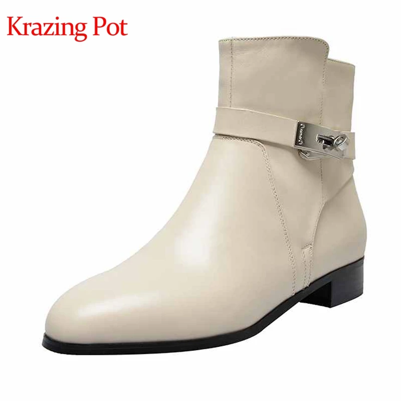 

Krazing pot genuine leather round toe thick low heels women ankle boots buckle decoration keep warm young girl winter shoes L66