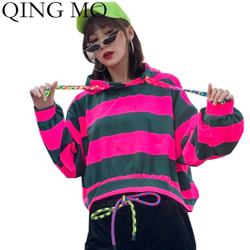 QIN GMO, полосатые толстовки, пуловер, Женская толстовка, осень, Женская толстовка с завязками, Короткие топы, свободные, ZQY1815