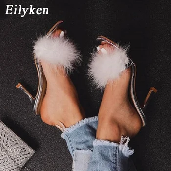 

Eilyken Fashion Silver PVC Transparent Feather Slippers Woman Summer Thin High Heels Square Toe Mules Slides Lady Party Shoes