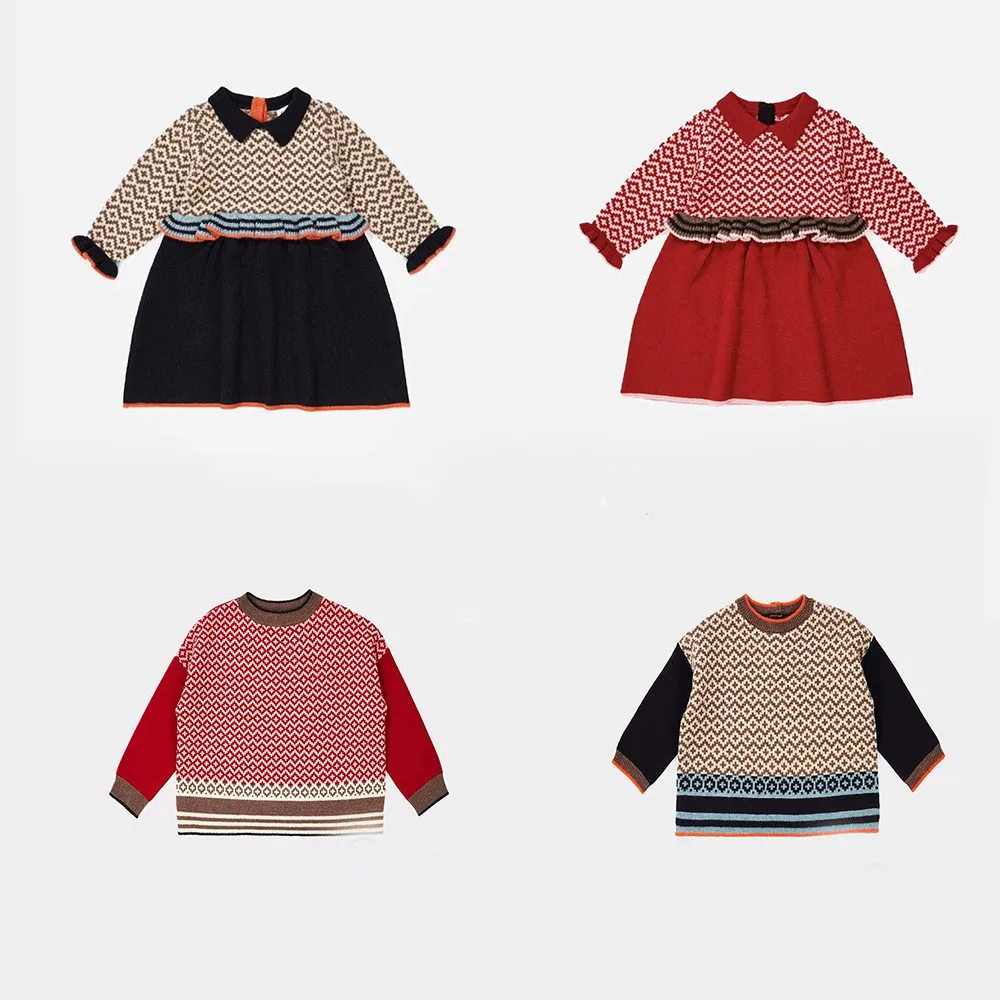 

IN STOCK 2019 autumn and winter new cbc wool blend knit super beautiful flying sleeve lace girl dress kids dresses for girls