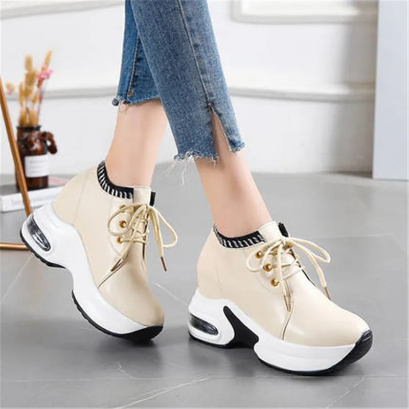 

2020 Leather Fashion Style Spring Women's Platform Sneakers Women 8cm Chunky Shoes Trainers Ladies Sports Vulcanized Shoes Black