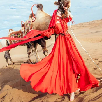 

Red Vintage Long Sleeve Tassle Split Autumn Tank Top Maxi Dress Women Chiffon Gypsy Hippie Beach Long Gorgeous Dresses