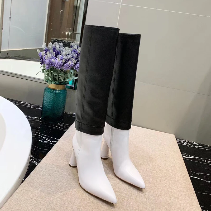 Высокие сапоги до колена из натуральной кожи; женские кожаные брюки с острым носком; Стильная дизайнерская зимняя обувь для женщин
