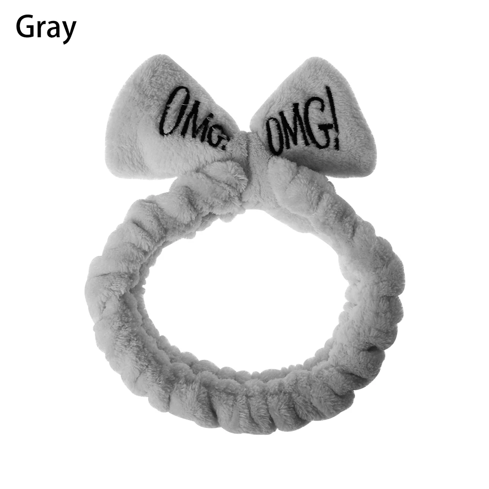gray 1 шт., мягкая удобная женская повязка для волос из кораллового флиса с бантиком и буквами OMG, Красивая повязка для мытья лица, для макияжа, для спа-ванны, аксессуары для волос - Цвет: gray