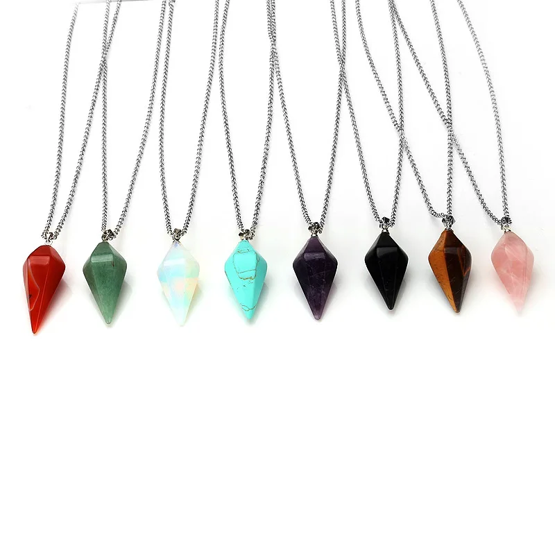 Men Women Natural Healing Gem Stone Necklaces Crystal Pendants Quartz Bullet Cone Hexagonal Pendulum Reiki Chakra pendulo Amulet | Украшения