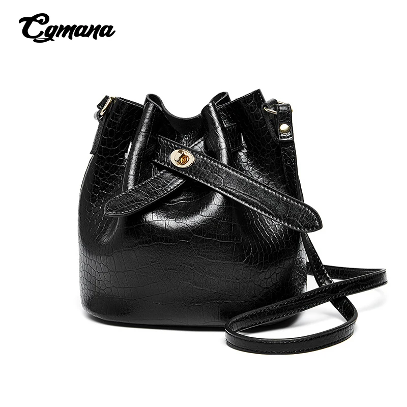 

Luxury Retro Crocodile pattern Bucket Bag Simple Fashion Genuine Leather Shoulder Bag Cowhide Metal Buckle Women's Messenger Bag