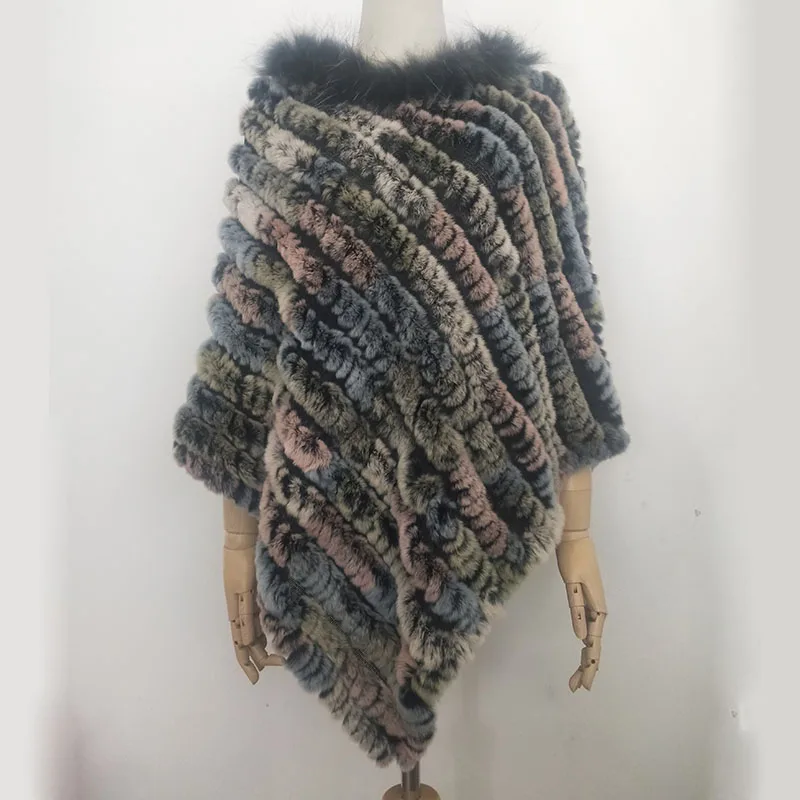 Women Knitted Loose Real Rex Rabbit Fur Poncho With Raccoon Trimming Fashion Long Genuine Cape Female Shawl | Женская одежда