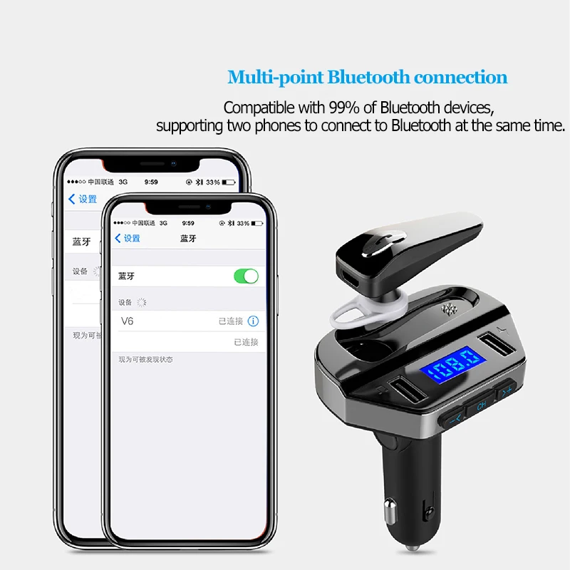 Bluetooth Car MP3 Player FM Transmitter with Disassembly Headphones Handsfree Car Kit USB Quick Charger Adapter