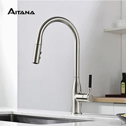 Brushed pull-out kitchen faucet splash proof telescopic 360 degree rotation sink cold and hot water mixing tap