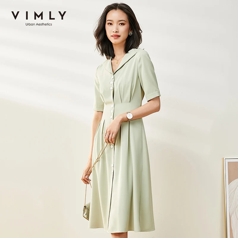 Женское винтажное офисное платье Vimly элегантное однотонное до колена с высокой талией и отложным воротником