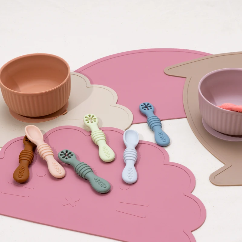 Customizable Logo Baby Food Spoon Silicone Meal Spoon Soup Rice Porridge Spoon Hollow Wave Point Design Training Grip BPA Free 4