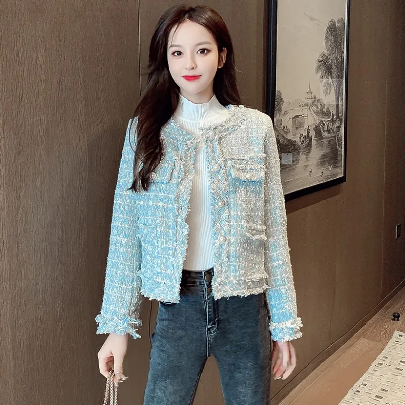 

Autumn Runway Designer Classic Tweed Short Jackets Coat Women Single Breasted Casual Outerwear Girl Long Sleeve Tassel Coats
