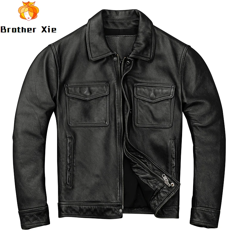 

Men's Genuine Cowhide Leather Jacket Black Slim Casual Real Leather Jacket for Male Plus Size 4XL R3092