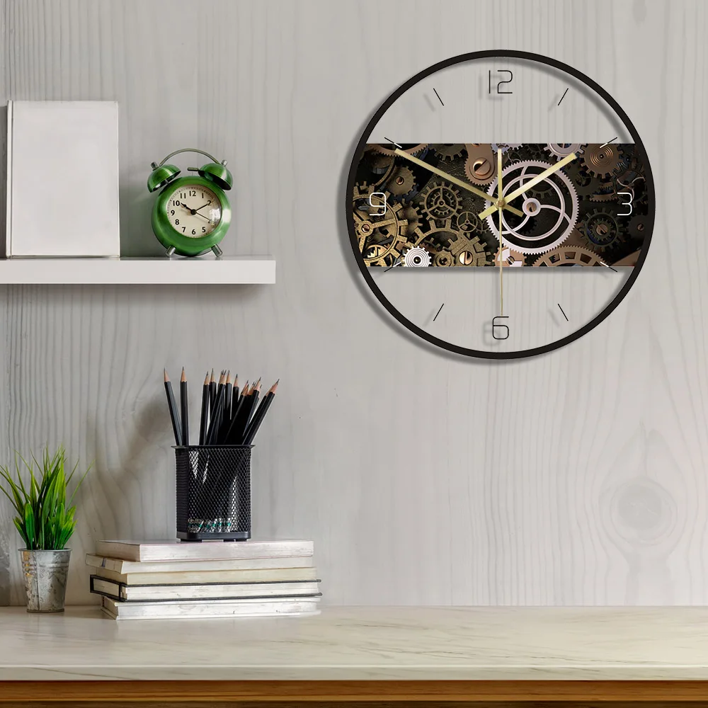Mechanism Texture Printed Wall Clock Clockwork Steampunk Gear Contemporary Watch Mechanical Engineer Mechanic Zegar Scienny