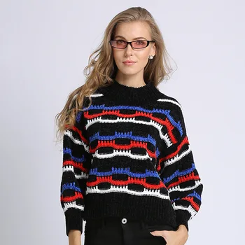

Autumn Winter Sweater Women Tops Half-high Collar Knitted Pullovers Loose Geometric Thic Outerwear Pull Femme THX700