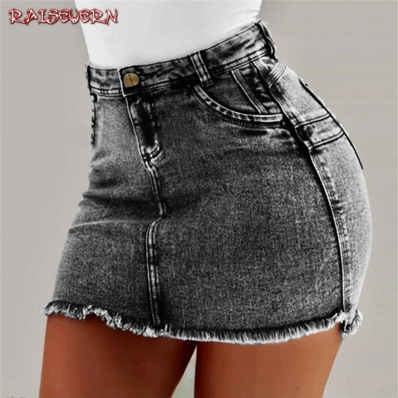 

RAISEVERN Jean Skirts for Ladies Pencil Pocket Solid Color Plus Size Casual Summer Mini Skirts New Women Jeans Denim 2019