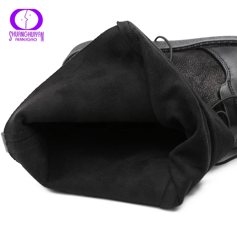 Cena AIMEIGAO czarne sznurowane ciepłe botki zimowe buty damskie platformy mieszkania antypoślizgowe buty zamszowe damskie wodoodporne skórzane buty