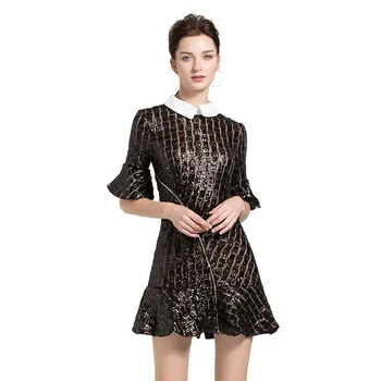 

Women Dress Mermaid Sequin 2020 Fashion Luxury Elegant Ladies Ruffles Patchwork Hollow Out Flare Sleeve Sexy Female Mini Dress