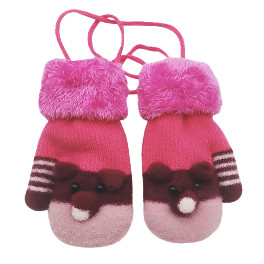 Hot Pink Детские зимние теплые вязаные перчатки в стиле пэчворк с рисунком кота для мальчиков и девочек - Цвет: Hot Pink