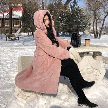 pink Норка весь мех Женская длинная юбка пальто с капюшоном зимняя Толстая теплая женская Норковая Меховая куртка - Цвет: pink