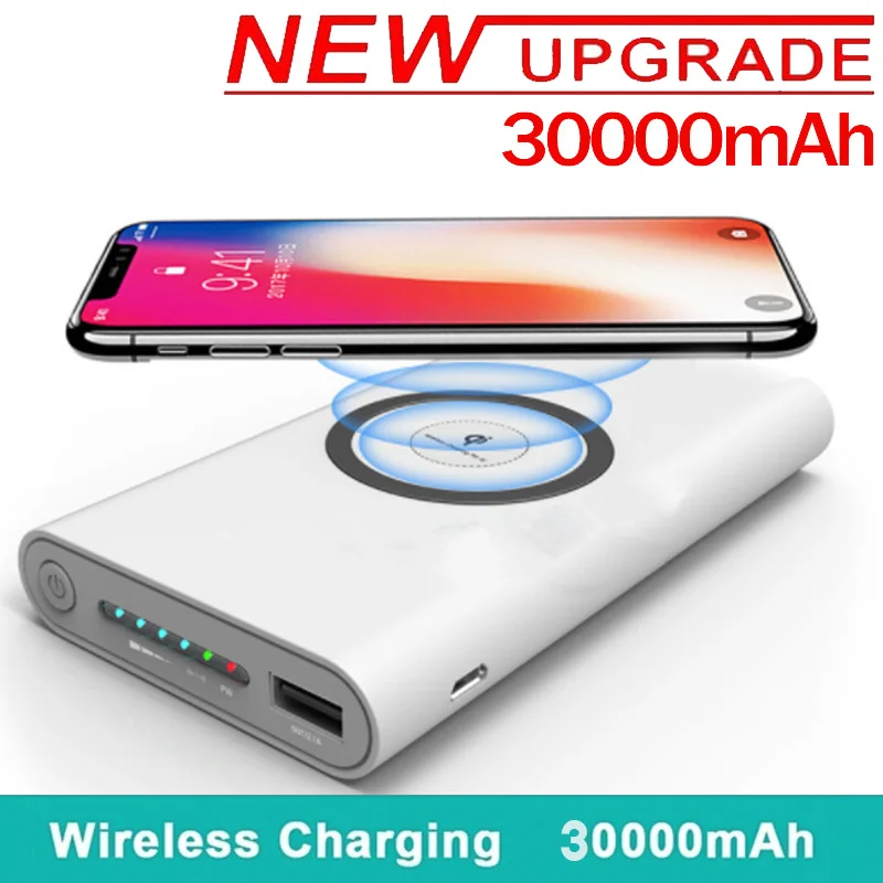 Banco de energía de carga inalámbrica para teléfono, cargador de batería externo de 30000mAh, 2 USB, para iphone y Android