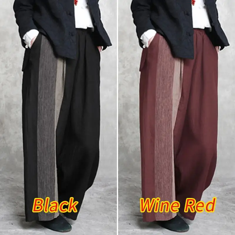 ZANZEA Women Autumn Cotton Linen Trousers Casual Wide Leg Pants Elastic Waist Color Block Pantalon Vintage Palazzo Streetwear 7