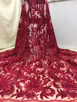 

Hot Sales African Velvet Lace Fabric with Sequins 2019 Latest Burnt Orange Red Gold Sequins Lace Embroidery Fabric for Party