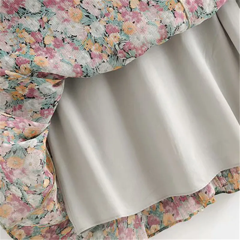 Vintage Elegant Floral Print Chiffon pleated Dress Women Fashion V Neck Long Sleeve Female Midi Dresses Vestidos Mujer