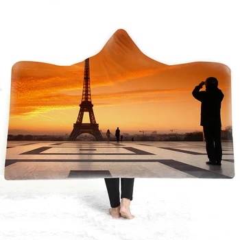 

1pcs City View 3D Print Paris Towel Fleece Sherpa Blanket Girls Hooded Throw Wearable Microfiber Warm Thick Blanket 150x200cm