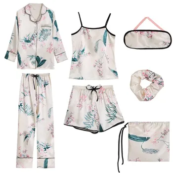 

Satin Floral Pajamas Sets Women Satin 7PCS Sleepwear Long Sleeve Pyjamas Suit Silky Sleep Set Female Nightwear Home Clothes