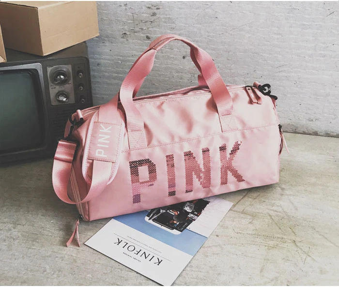 New Travel Bags Sequins PINK Duffle Bag Women Men Sports Bag For Shoes Weekend Bag Nylon Woman Traveling Bags For Ladies