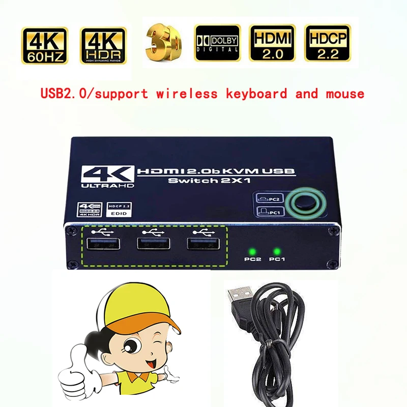 

HDMI2.0 KVM switch 4K 60Hz HDCP USB computer monitoring 2 in 1 out keyboard and mouse USB sharing 2-port switch