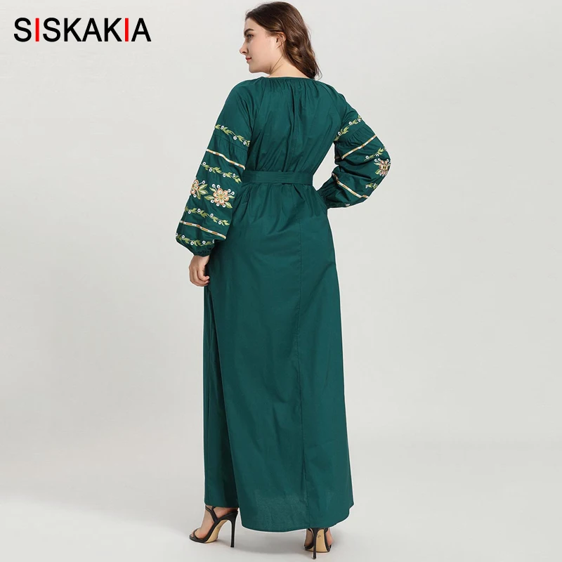 Siskakia, женское длинное платье размера плюс, осень, арабское, Цветочная вышивка, макси платья, полный хлопок, мусульманская одежда, зеленый хаки
