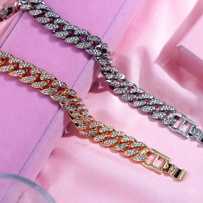 New Fashion Luxury 12mm Iced Out Cuban Link Chain Bracelet for Women Men Gold Silver Color Bling Rhinestone Bracelet Jewelry