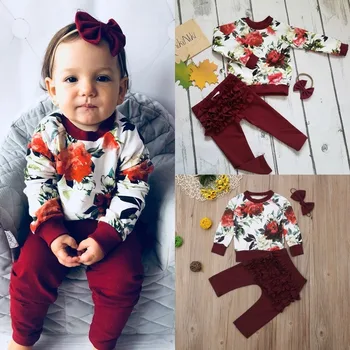 

Children's Three-piece Big Flower Lotus Leaf Print Top + Pleated Trousers + Hairband Explosion Three-piece -