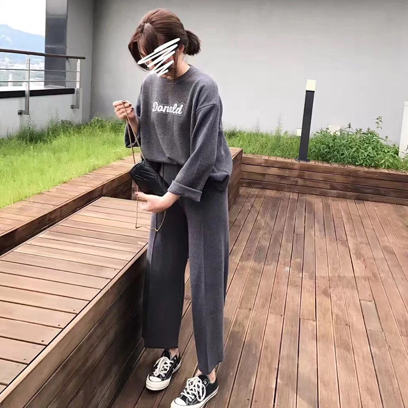 Ladies Autumn Winter Comfy Pajamas Loose Two Pajamas Suit Home Service Letter Printing Simple Long-sleeved T-shirt+ Trousers
