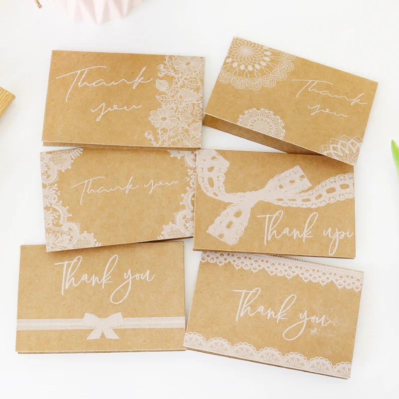 

6 Sets of Lace Kraft Design Thank you Cards with Envelopes and Stickers Folding Cards Blank Inside Greeting Cards