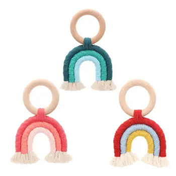 

Baby Teether Ring Rainbow Tassel Macrame Wooden Boho Baby Teether Cotton Cord Wood Teething Toy Shower Gift