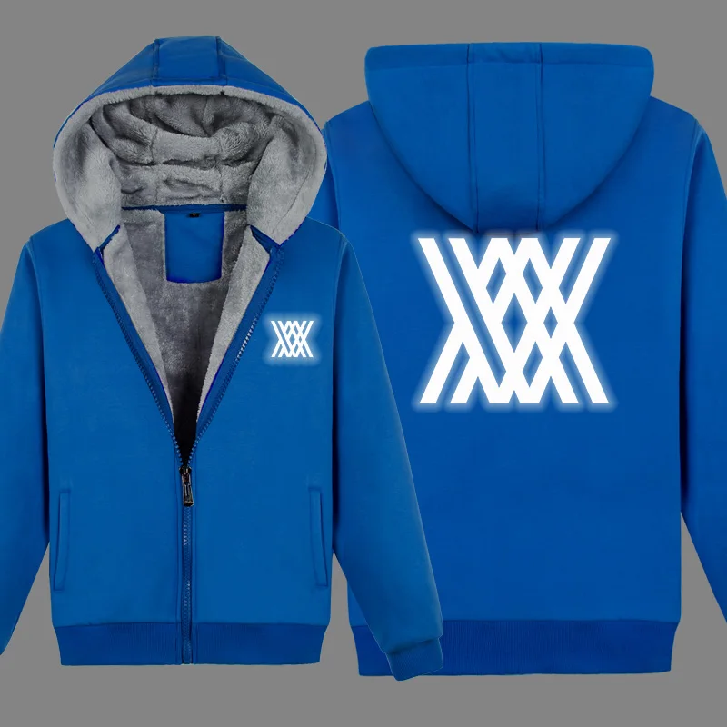 Blue Reflective B Аниме Дарлинг в франкс Zero Two зимняя куртка с капюшоном Мужская модная Толстовка светящийся плюс бархат теплая верхняя одежда косплей - Цвет: Blue Reflective B