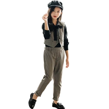 

Kids Clothes Blouse + Vest + Pants Girl Clothes Plaid Pattern Big Girls Clothes Spring Autumn Children's Clothes Set