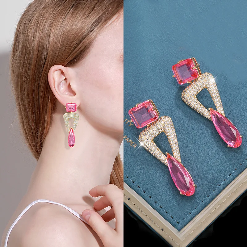 

EYER Fashion Geometric Triangular Multicolor Big CZ Zircon Long Drop Earrings For Women Wedding Bridal Gift Vintgage Jewelry