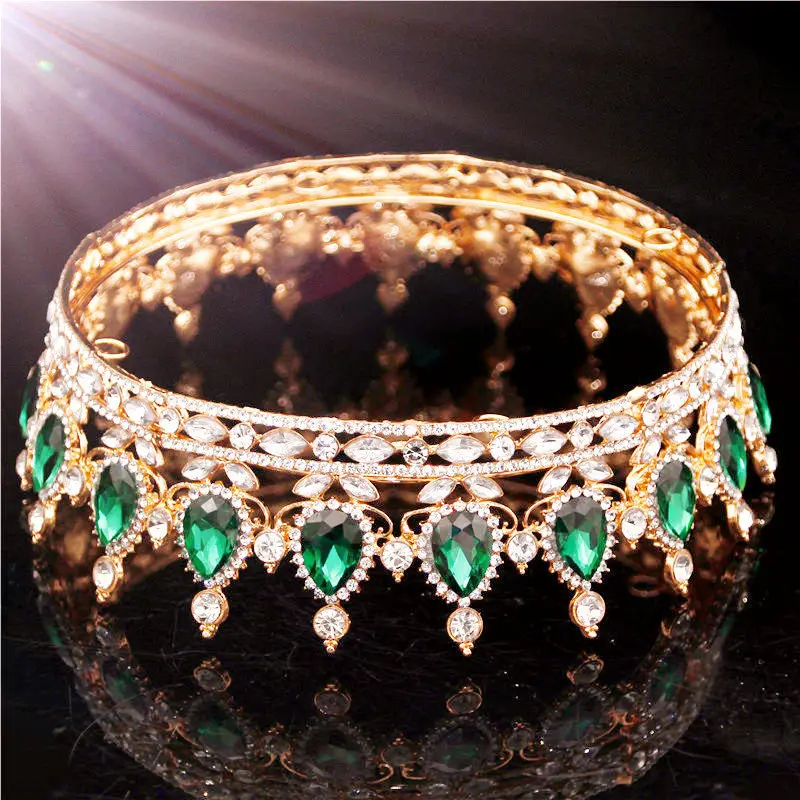 Gold-Green Кристалл Винтаж королевская Королева Король диадемы и короны Мужчины/Женщины Театрализованное диадема на выпускной вечер волосы Орна мужчины ts Свадебные украшения для волос аксессуары - Окраска металла: Gold-Green