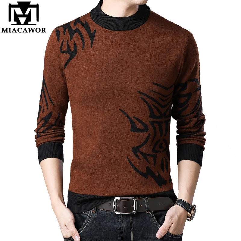 MIACAWOR New Cashmere Sweater Men Autumn Winter Warm Pullover O-Neck Casual Print Knitted Wool Sweaters Clothes Y268 | Мужская одежда