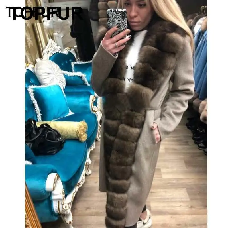 TOPFUR Роскошная новая стильная шуба из натурального меха женская зимняя шуба из овечьей кожи с толстым воротником из лисьего меха Высококачественная модная шуба